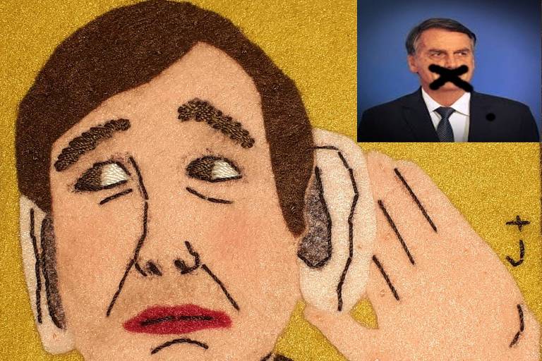 Em foto colorida, a Ilustração em feltro da artista Jaca Almeida, com reprodução da foto do rosto do presidente Jair Bolsonaro com um 'x' na boca