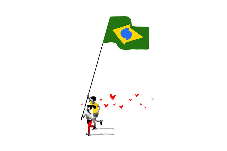Ilustração mostra duas crianças correndo carregando a bandeira do Brasil, delas saem coraçõezinhos vermelhos.