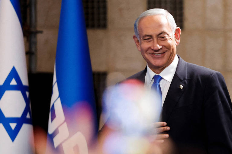 O ex-premiê de Israel Binyamin Netanyahu, líder do Likud, na sede de seu partido, em Jerusalém