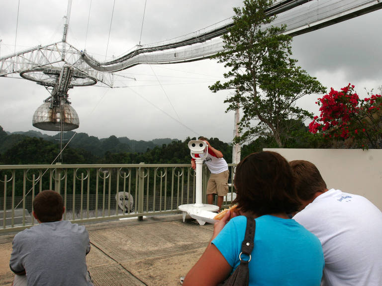 Turistas visitam o telescópio do Observatório Arecibo, em Porto Rico, antes de ele desmoronar 