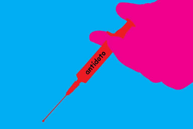 Ilustração com a silhueta de uma mão em rosa segurando uma seringa vermelha, na qual está escrito "antídoto". O fundo é todo azul.