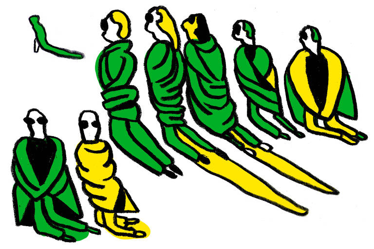 Ilustração mostra 8 pessoas, ajoelhadas, vestidas de verde e amarelo (remetendo à bandeira do Brasil), em ato antidemocrático após o resultado da eleição presidencial.