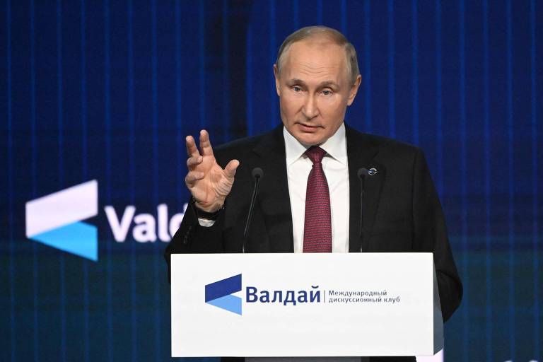 O presidente Vladimir Putin durante discurso no encerramento da reunião do Clube Valdai