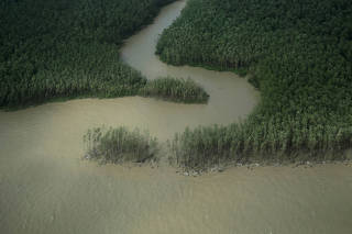 A river reaches the Atlantic Ocean on the coast of Amapa state near Oiapoque city, extreme northern Brazil
