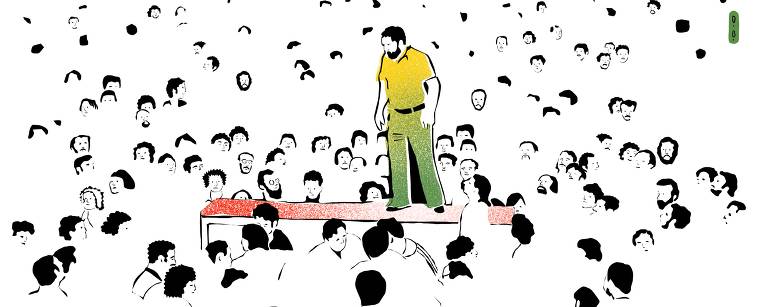 Descrição da ilustração: em um palanque a figura de Lula discursa para uma multidão de pessoas. Na versão ilustrada da foto de 1979, o presidente usa roupa com as cores amarelo e verde e seu palanque é vermelho. 