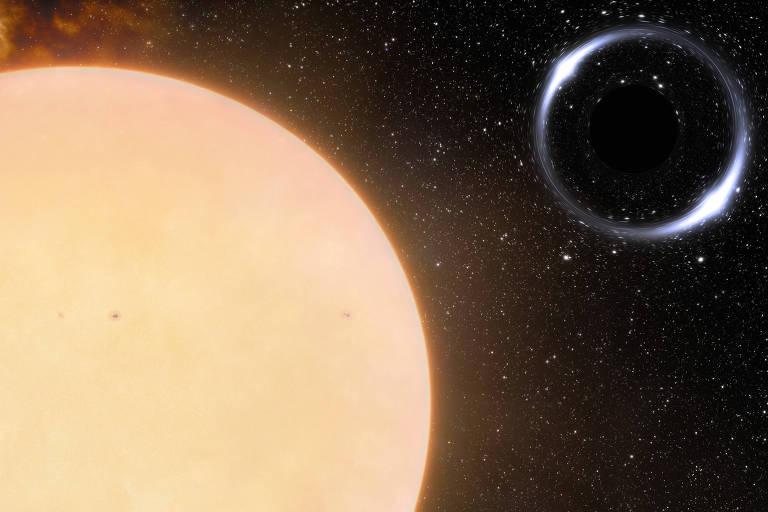 Concepção artística do buraco negro mais próximo da Terra, que forma par com uma estrela similar ao Sol, a 1.600 anos-luz daqui