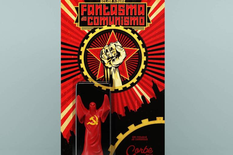 Imagem mostra embalagem vermelha com boneco fantasma vermelho que tem o símbolo comunista em amarelo.