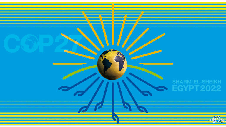 A ilustração de Amarildo, publicada na Folha de São Paulo, no dia 06 de novembro de 2022, mostra o planeta terra ao centro com as cores da água em amarelo e os continentes na cor roxa, ocupando 1/5 da ilustração horizontal. O planeta está no centro de uma parte da logomarca da COP-27 (A 27ª sessão da Conferência das Partes da ONU) A logomarca tem linhas radial, imitando um sol. As linhas da parte superior estão na cor laranja e as linhas da parte de baixo em azul escuro. Ao centro dividindo as linhas radiais da parte superior e inferior temos uma linha curva, na cor verde,  com a parte concava para cima. Essas linhas radiais ocupam toda a altura da ilustração e praticamente a metade no sentido horizontal.   O fundo da ilustração é azul Ciano, 100%. Na parte superior e inferior tem um degradê formado por linhas amarelas que começam numa espessura maior e vão diminuindo até sumir. Na parte de baixo as linhas estão invertidas, sendo que a linha mais espessa está na parte inferior.   Do lado esquerdo da ilustração temos uma marca dágua com o nome COP-27 (parte da logomarca) e do lado direito a mesma coisa com as palavras Sharm El-Sheikh EGIPT2022 (outra parte da logomarca do evento)