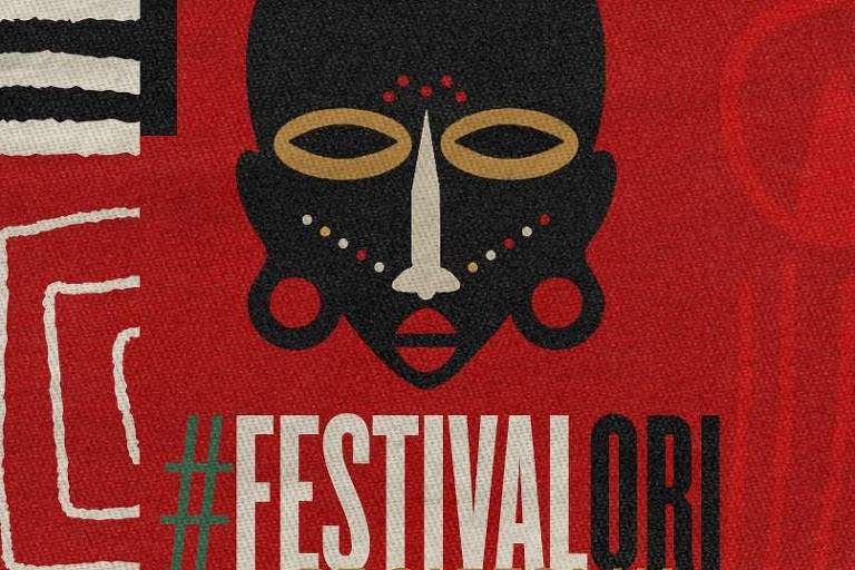 Detalhe de cartaz do Festival Ori, com uma máscara africana e um fundo vermelho