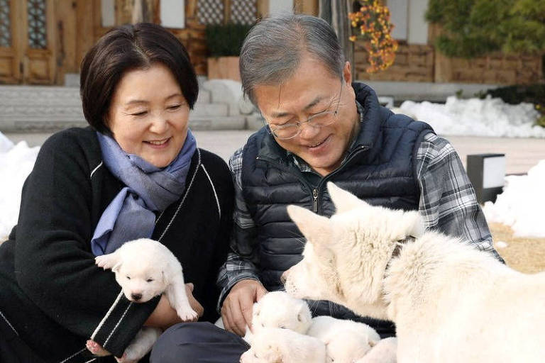 O ex-presidente sul-coreano Moon Jae-in e a ex-primeira-dama Kim Jung-sook com os cães doados pela Coreia do Norte, em Seul
