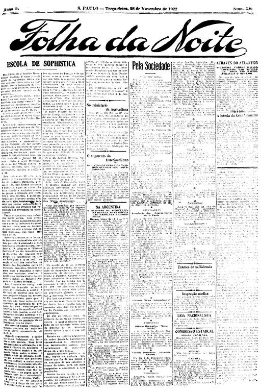 Primeira Página da Folha da Noite de 28 de novembro de 1922