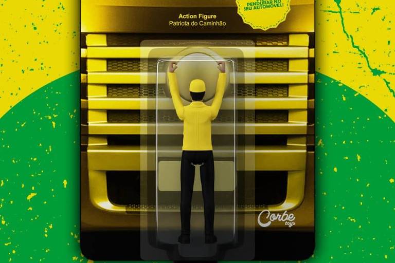 imagem mostra boneco com camisa amarela virado de costas, dentro de uma embalagem que simula a frente de um caminhão.