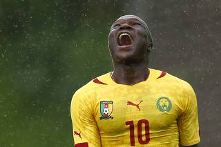 Cameroon's Vincent Aboubakar reacts during their friendly soccer match against Paraguay in the Austrian city of Kufstein