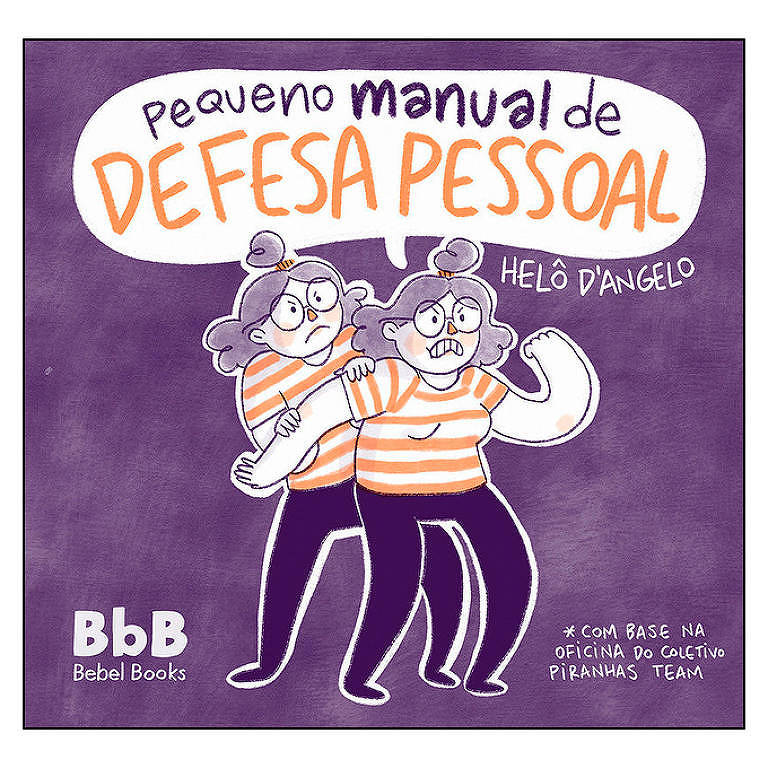 Capa do livro "Pequeno Manual de Defesa Pessoal", da autora Helô D'Ângelo, com fundo roxo e a ilustração de duas pessoas lutando