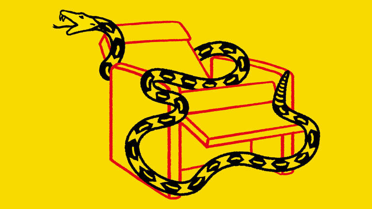 A ilustração mostra um poltrona vermelha no centro sob fundo amarelo; uma serpente preta percorre a poltrona.
