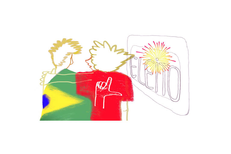  Uma tela de TV mostra a palavra "Eleito", com fogos de artifício no pingo do "I", referindo-se ao resultado do segundo turno da eleição para presidente. Dois garotos em idade universitária aparecem de costas para quem olha a ilustração. Um deles está enrolado numa grande bandeira do Brasil, que está escorregando de um de seus ombros; o outro está usando uma camiseta vermelha com desenho de uma mão fazendo L de "Lula" estampada em branco. Ele está abraçando as costas do amigo da bandeira, como quem o consola.