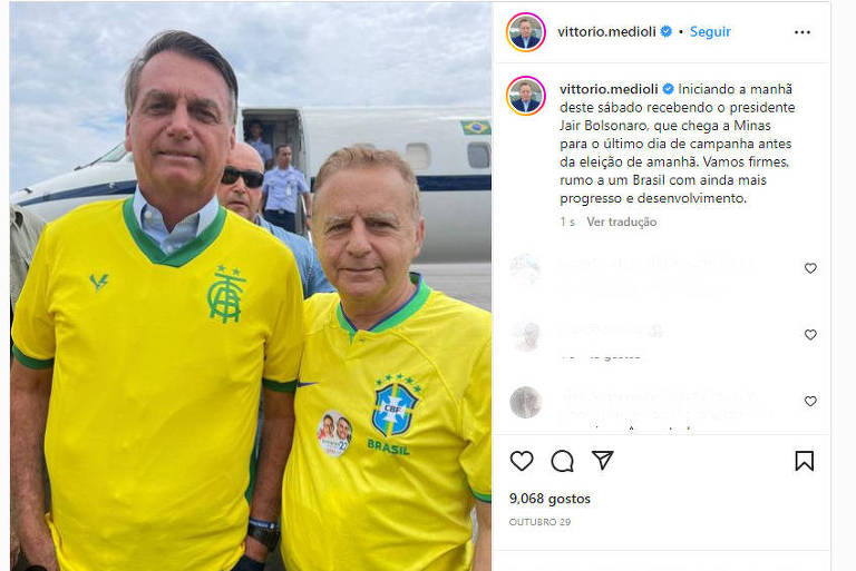 Reprodução de post em rede social com foto do presidente Jair Bolsonaro ao lado do prefeito de Betim (MG) Vittorio Medioli