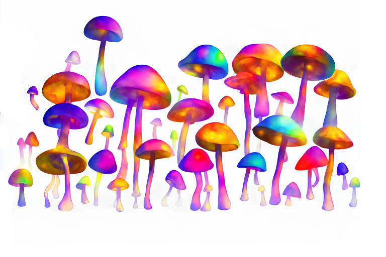 Cogumelos em cores psicodélicas sobre fundo branco