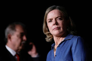 President of the Workers' Party Gleisi Hoffmann looks on during a news conference in Brasilia