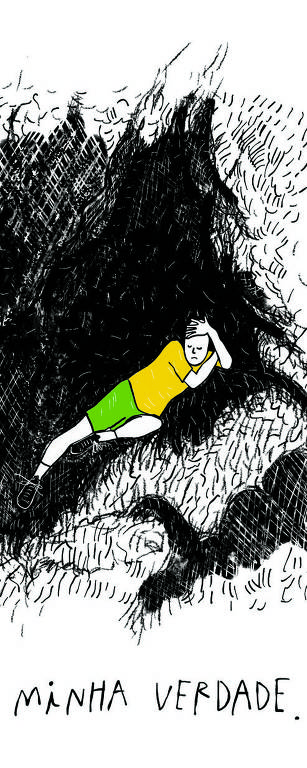 No desenho de Luiza Pannunzio um homem branco vestindo shorts verde, camiseta amarela, meias e tênis - está deitado numa caverna, aparando sua própria cabeça, mão sobre a testa. Parece tristemente confortável. Abaixo dessa imagem a frase: minha verdade.