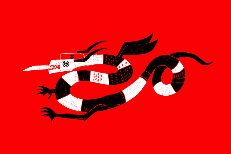 Ilustração mostra dragão preto e branco sobre fundo vermelho