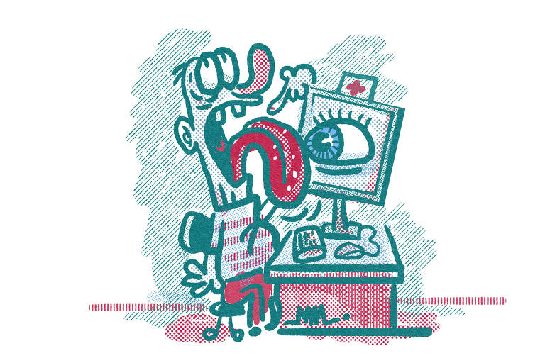 No cartum de Marcelo Martinez, um homem mostra, de forma exagerada, sua língua para a tela de um computador  onde um grande olho o examina