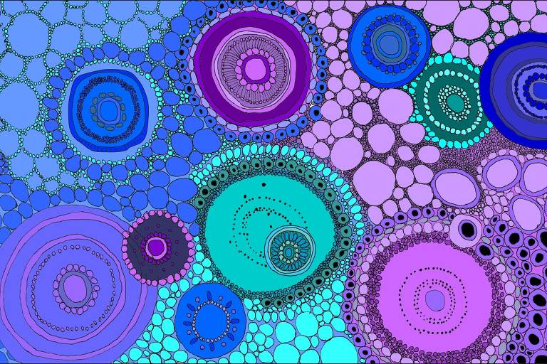 A ilustração de Annette Schwartsman, publicada na Folha de São Paulo no dia 13 de novembro de 2022, mostra uma imagem psicodélica de formas redondas de tamanhos e cores variadas que lembram células estilizadas.