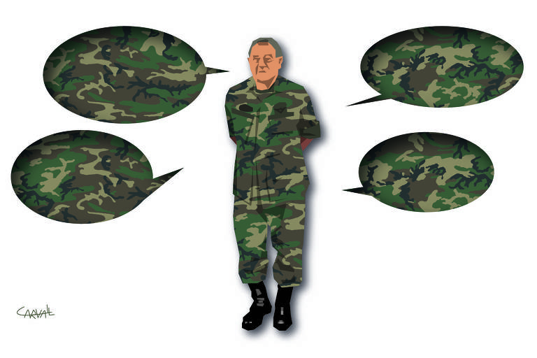 Ilustração mostra um personagem vestido com roupa camuflada do exército. Ao lado dele, quatro balões com padrão camuflado