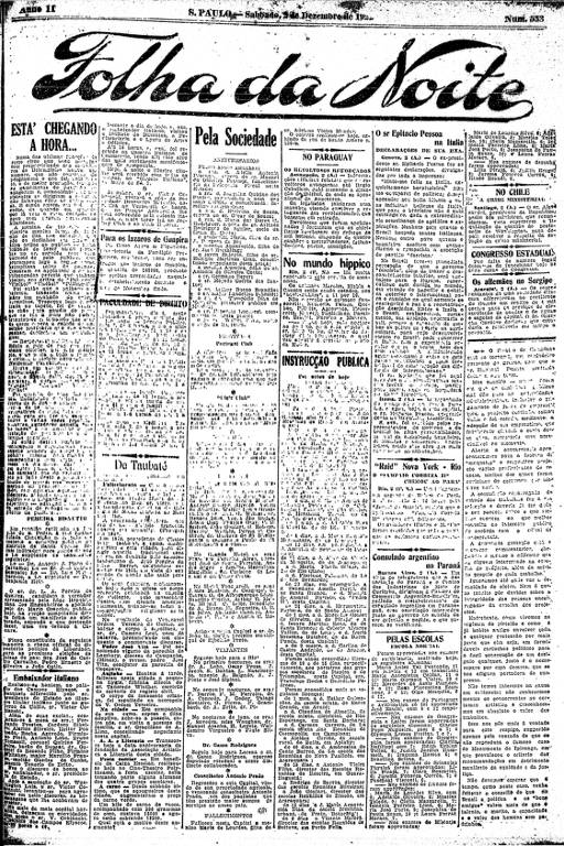 Primeira Página da Folha da Noite de 2 de dezembro de 1922