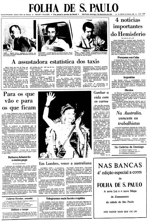 Primeira Página da Folha de 3 de dezembro de 1972