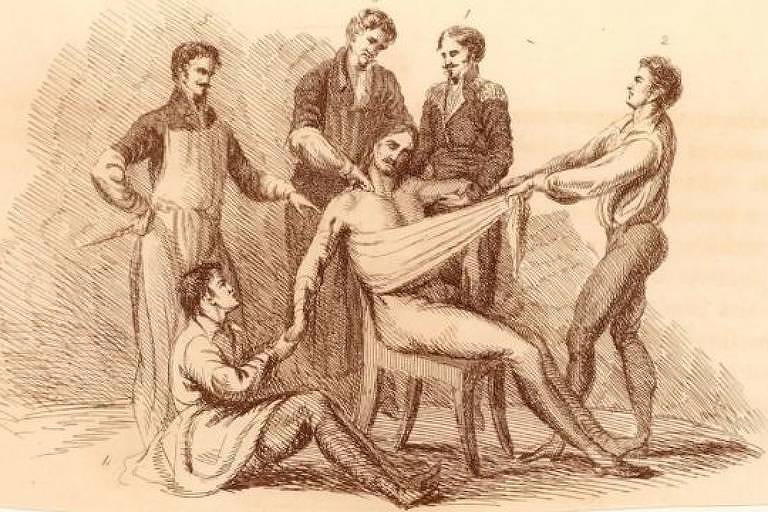 Ilustração mostra pessoa sendo contida durante procedimento médico