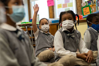 A first-grade class at in Bridgeport, Conn., on Feb. 23, 2022.  (Christopher Capozziello/The New York Times)