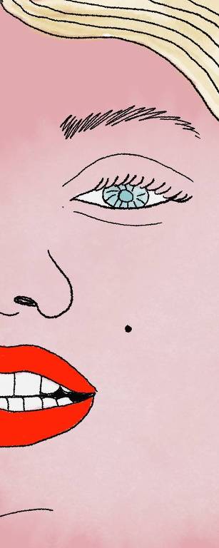 desenho do perfil do rosto de uma mulher com batom vermelho, olhoa azuis, cabelo loiro.