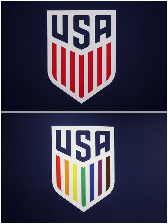 O escudo original da seleção dos EUA, acima do modificado, com as cores do arco-íris, que está em instalações da seleção norte-americana na Copa do Qatar