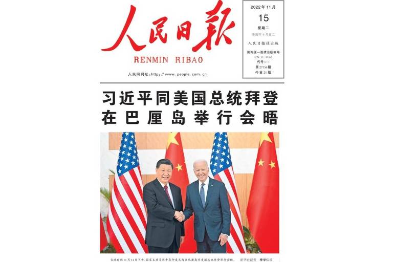 Na manchete do Diário do Povo, 'Xi Jinping se encontra com o presidente dos EUA, Biden, em Bali'