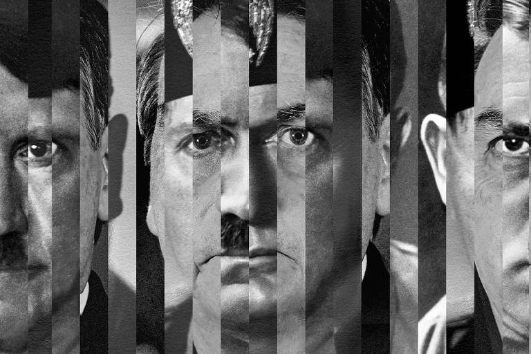 Colagem fotográfica com retratos de Bolsonaro, Hitler e Mussolini em preto e branco. A imagem é formada por tiras verticais com fragmento do rostos de cada um dos personagens.