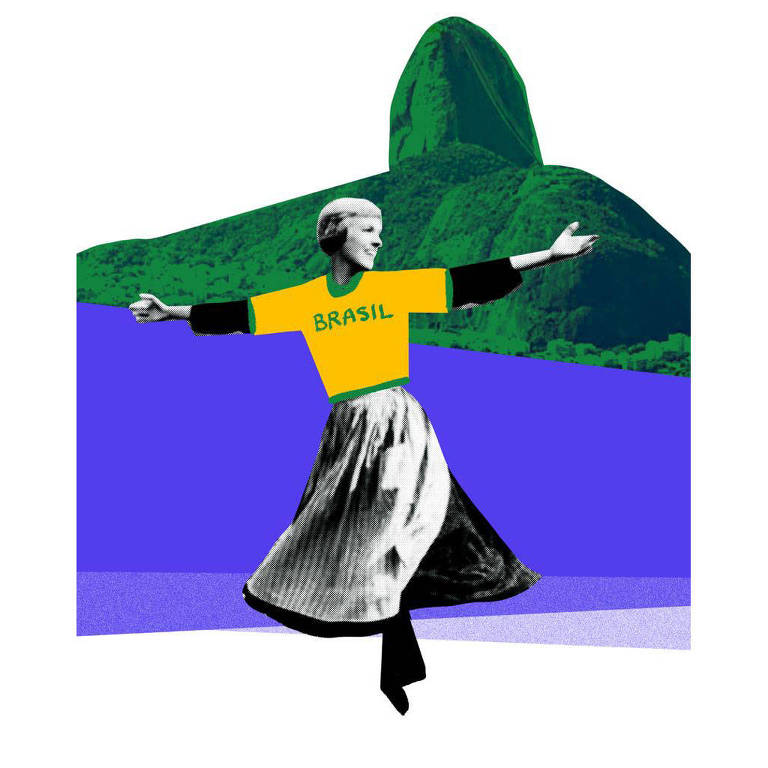 Colagem com uma imagem da protagonista do filme A Noviça Rebelde em que ela está com os braços abertos. Ela veste uma camisa verde e amarela do Brasil. No fundo, há uma foto do Pão de Açúcar na parte superior e faixas roxas na parte inferior.