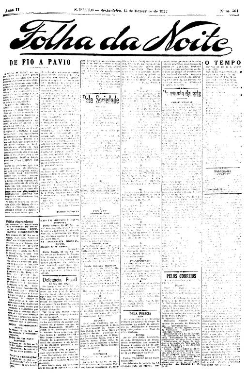 Primeira Página da Folha da Noite de 15 de dezembro de 1922