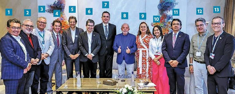 Lula com outros participantes brasileiros da COP27: |1| Vital do Rêgo Filho, ministro do TCU; |2| Jean Paul Prates, senador (PT-RN);  |3| Renan Calheiros, senador (MDB-AL); |4| Veneziano Vital do Rêgo, senador (MDB-PB); |5| Fernando Haddad, ex-prefeito de São Paulo(PT-SP); |6| Randolfe Rodrigues, senador (Rede-AP); |7| Rodrigo Pacheco, presidente do Senado (PSD-MG); |8| Luiz Inácio Lula da Silva, presidente eleito (PT); |9| Katia Abreu, senadora (PROS-TO); |10| Eliziane Gama, senadora (Cidadania-MA); |11| Giordano, senador (MDB-SP);  |12| Alessandro Vieira, senador (PSDB-SE); |13| Fabiano Contarato, senador (PT-ES)"‚Ricardo Stuckert/Divulgação