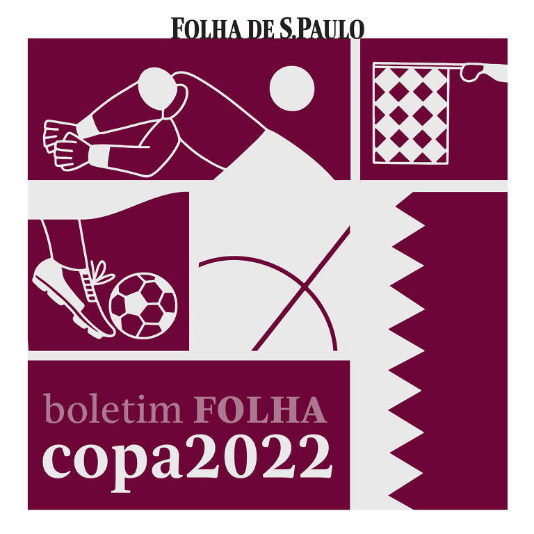 Capa de podcast com fundo na cor vinho e escrito em branco "Boletim Folha Copa 2022"; também há desenhos que remetem a lances do futebol
