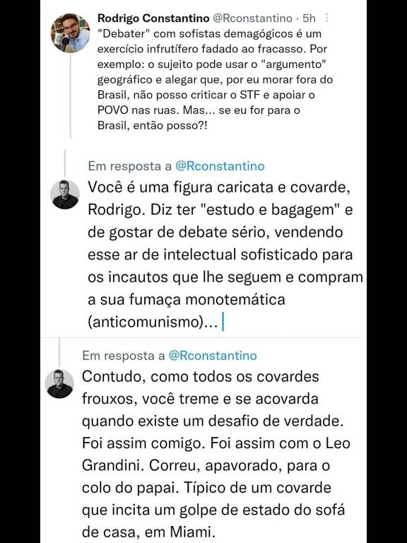 Cópia de mensagens trocadas entre Rodrigo Constantino e Cesar Calejon no Twitter