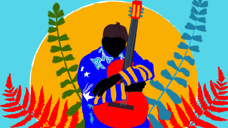 Ilustração de Milton Nascimento, abraçado com um violão, ele usa boina marrom, camisa azul escura, com desenhos de pássaros azuis e estrelas brancas estampados. Atrás de Milton estão ornamentos florais.