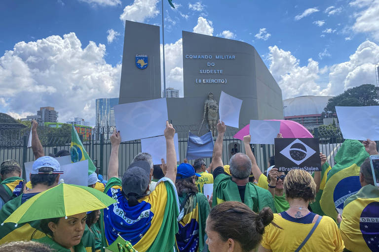 Pessoas de costas, vestidas de verde e amarelo e com bandeira do Brasil nas costas, seguram cartazes (que não estão virados para a foto, ou seja, não dá para ler). Estão em espaço aberto, com céu azul