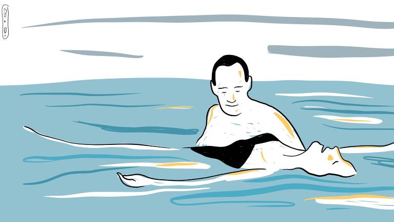 A ilustração, feita a partir de uma cena do filme Com amor e fúria apresenta uma cena romântica de homem segurando uma mulher enquanto esta boia na água.