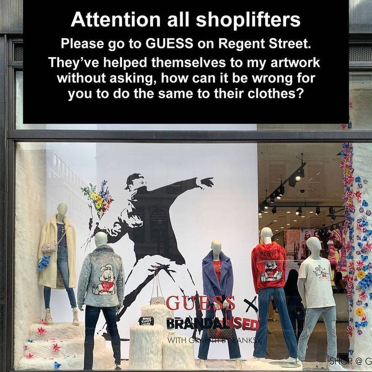 Postagem de Banky no Instagram, na qual ele pede que ladrões roubem uma loja da Guess, que teria usado um grafite dele sem autorização
