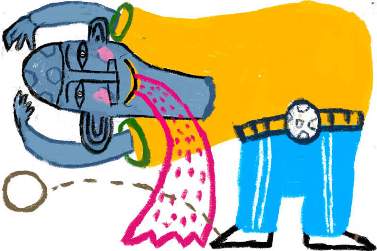 Ilustração mostra homem curvado para a esquerda. Ele é cinza, usa camisa amarela e calça azul. Da boca, sai uma fita cor de rosa. E do pé, uma bola corre para a esqueda.