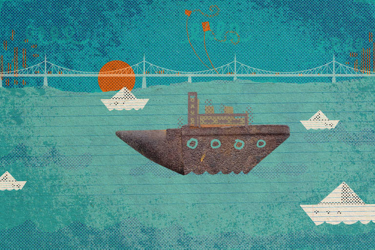 Na ilustração de Marcelo Martinez: um velho navio, feito com uma bigorna, navega próximo à ponte, tendo frágeis barquinhos de papel em seu entorno.