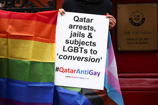 LGBTQ+ protest ahead of World Cup outside Qatar embassy in London