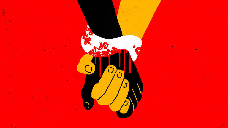 A ilustração retrata duas mãos ao centro, uma amarela e outra preta, sob fundo vermelho. Amarrando os pulsos, um lenço branco, fazendo referência ao logo da copa do mundo. Vemos sangue saindo dos pulsos ao redor do lenço.