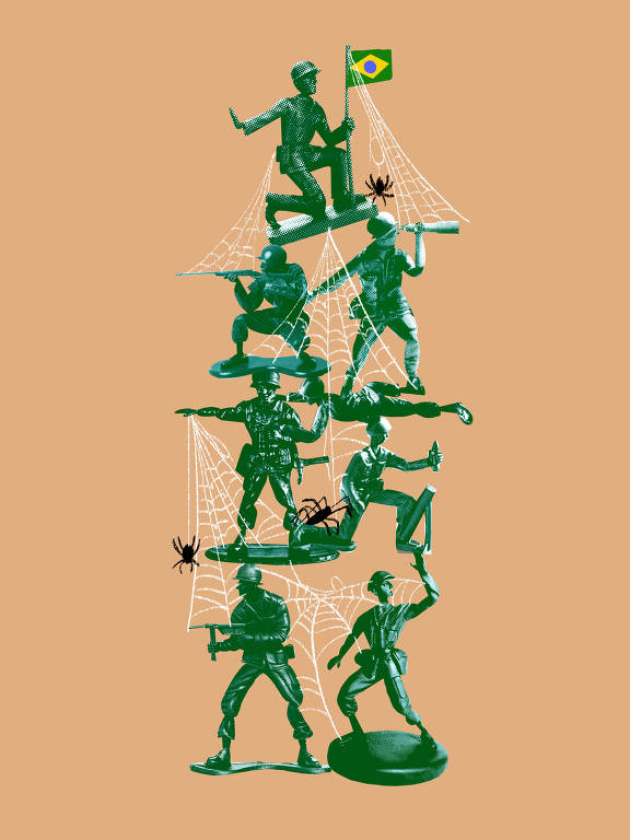 Uma pirâmide de soldadinhos de chumbo de brinquedo envolta de teias de aranha e algumas aranhas. No topo da pirâmide um dos soldados de chumbo segura uma bandeira do Brasil.